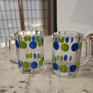 Vintage | Libbey Blue and Green Polka Dot Glass Mugs Set of 2